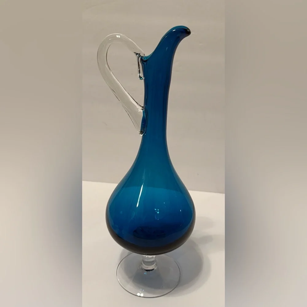 MCM Empoli Italian Glass Decanter Pitcher Set Teal Blue 4 Twisted Stem Glasses